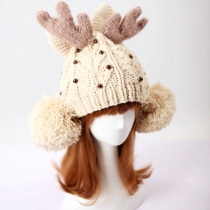 Christmas Cute Beads Contrast Color Antler Pompom Hat Beanie