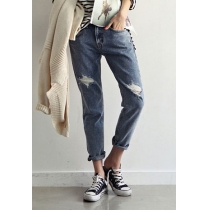 Casual Stylish Street-chic Cuffed Frayed Jeans Trousers