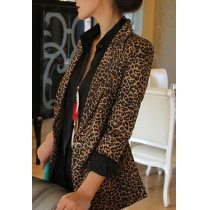 Chic Leopard Print Shoulder Pad Blazer Tunic Coat Jacket