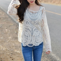 Sexy Semi-Sheer Lace Floral Crochet Shirt Blouse Pullover Top Shirt