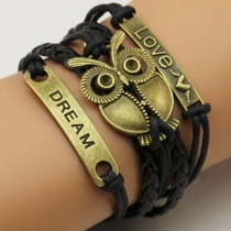 Love Dream Owl Pendant Black Multi Layers Braided Bracelet