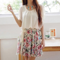Sweet Bowknot Belted Ruched Butterfly Sleeve Crewneck Floral Skirt Skater Dress 