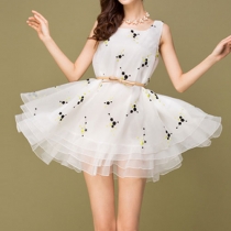 Crew Neck Embroidery Multi-layer Flared Tulle Tank Dress Sundress 
