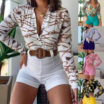 Fashion Long Sleeve Stand Collar Printed Top + High Waist Shorts Two-piece Set