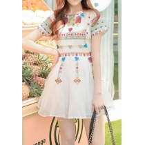 Dotted Colorful Embroidery Abstract White Short Sleeve Dress 