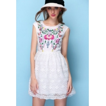Blooming Floral Embroidery Lace Sleeveless Crew Neck Flare Dress 