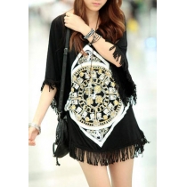 Fringed Batwing Sleeve Loose Fit Printed Long T Shirt 