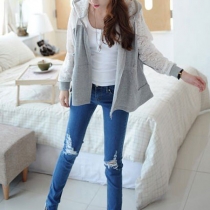 Sweet Cute Lace Spliced Hooded Gray Outerwear