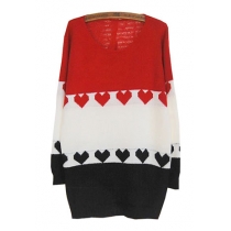 Sweet Cute Heart Pattern Mixing Color Knit Sweater