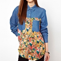 Chic Retro Floral Print T-shape Chiffon Spliced Jean Outerwear