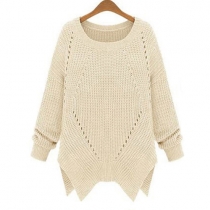 Chic Stylish Pure Color Irregular Hemline Knit Pullover Sweater