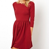 Elegant Sweet Solid Color A-lined 3/4-length Sleeve Dress