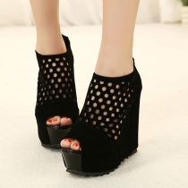 Solid Color Peep Toe Cut Out Black Platform Sandal High Wedge Shoes