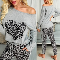 Fashion Leopard Heart Pattern Long Sleeve Beaded Top + Pants Two-piece Set