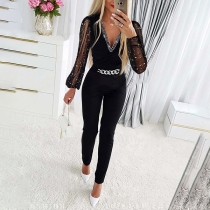 Fashion Solid Color V-neck Long Sleeve Chain Jumpsuit