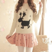 Sweet Cute Christmas Snowflake Deer Embroidered Sweater