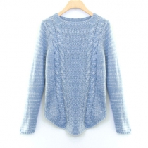 Leisure Retro Pure Color Knit Blue Pullover Sweater