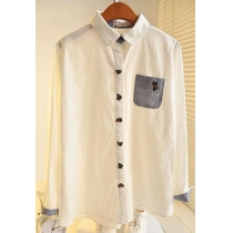 Cute Embroidery Cat Spliced Chest Pocket White T-shirt Blouse