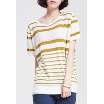 Casual Striped Cutout Ribbed Loose Short Sleeve T Shirt 
