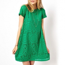 Loose Fitting Solid Color Floral Crochet Fishnet Cutout Short Sleeves  Lace Shift Dress 