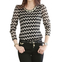 Elegant Wavy Stripe Print Beaded  Black Sweatshirt