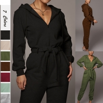 Fashion Solid Color Long Sleeve Hooded Tie-belt High Waist Jumpsuit