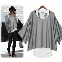 Casual Loose Fitting Batwing Sleeve Solid Color Shirt with Vest Set
