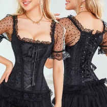 Vintage Short Sleeve Lace Spliced Lace-up Corset Shirt （Size Run Small）