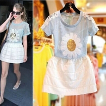 Fashion 3D Daisy Flower Paillette Lace Gauze T-shirt Tutu Dress Two-piece Set
