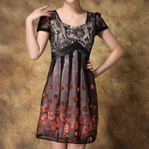 Fashion Gauze Paillette Flower Lace Embroidery Dress