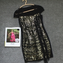 Fashion Paillette Gauze Spliced Pleated Short Sleeve Dress