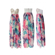 Bohemian Style Strapless Paillette Floral Print Floor-length Slip Dress