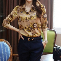 Fashion Floral Print Long-sleeved Women Chiffon Shirt