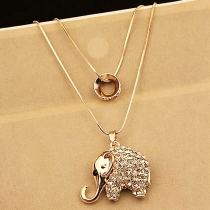 Gold Tone Ring Elephant/Moustache Pendant Two-layer Chain Necklace 