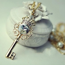 Dazzling Rhinestone Crown Key Pearl Double Layer Long Necklace