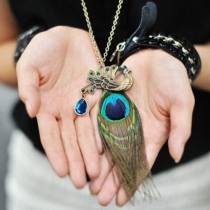 Retro Peacock Feather Pendant Long Chain Necklace
