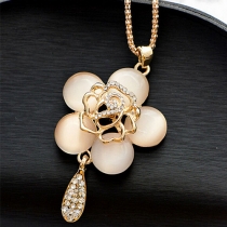 Fashion Rhinestone Opal Camellias Pendant Long Necklace