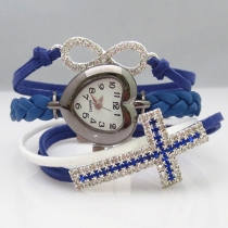 Fashion Rhinestone Cross Heart-shaped Dial Woven Bracelet Watch