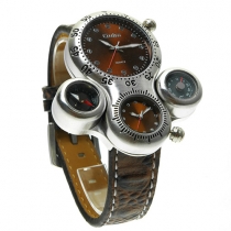 Fashion Leather Watchband Dual Time Zone Compass Thermometer Men Watch
