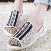 Striped Floral Lace Open Toe Flat Slip On Loafer 