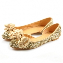 Sequined Bowknot Point Toe Flat Slip On Shoes 