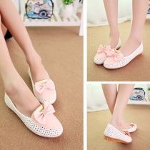 Sweet Rhinestone Bowknot Breathable Hollow Out Pointed Toe Flat Shoes