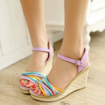 Mixed Color Peep-toe Plaid High Wedge Heel Platform Sandal 