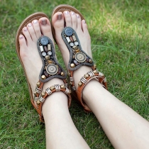 Bohemian Style Beads Metal Flat Thong Sandals