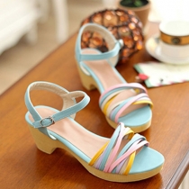 Bohemian Style Colorful Strips Buckle Thick Heel Sandals