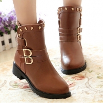 British Style Round Toe Buckle Strap Flat Heel Ankle Martin Boots