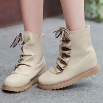 Fashion Round Toe Lace Up Knee-high Flats Motorcycle Boots