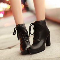 Fashion Round Toe Lace Up Thick High-heeled Martin Boots
