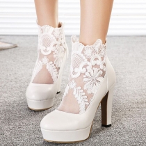 Fashion Lace Gauze Spliced Round Toe Thick High-heeled Shoes