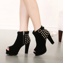 Fashion Rivets Peep Toe Thick High-heeled Ankle Boots Booties